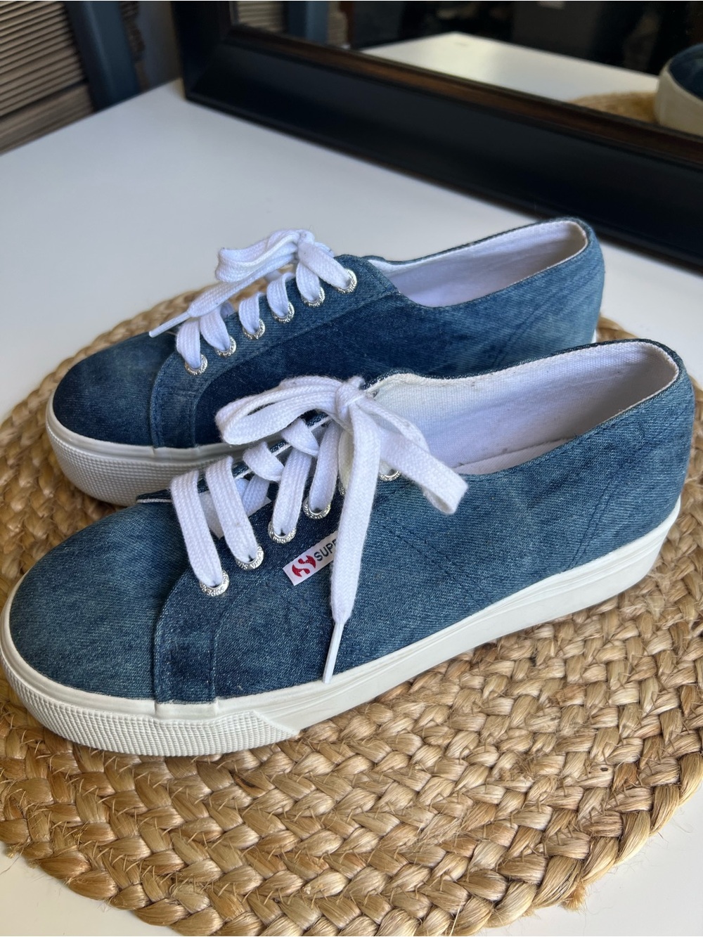 Superga Denim Blue Cotton Platform Lace Up Sneakers